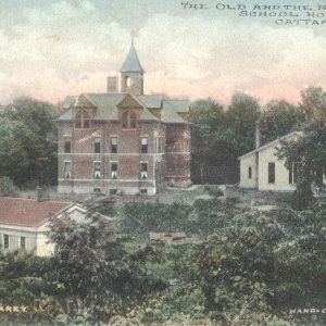 Wooden School with the newer brick school and the M. E. Church